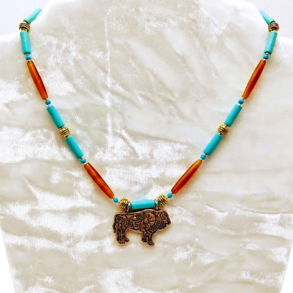 TURQUOISE & HORN NECKLACE/CHOKER*MEN*NATIVE/SOUTHWEST*HAND CRAFTED*